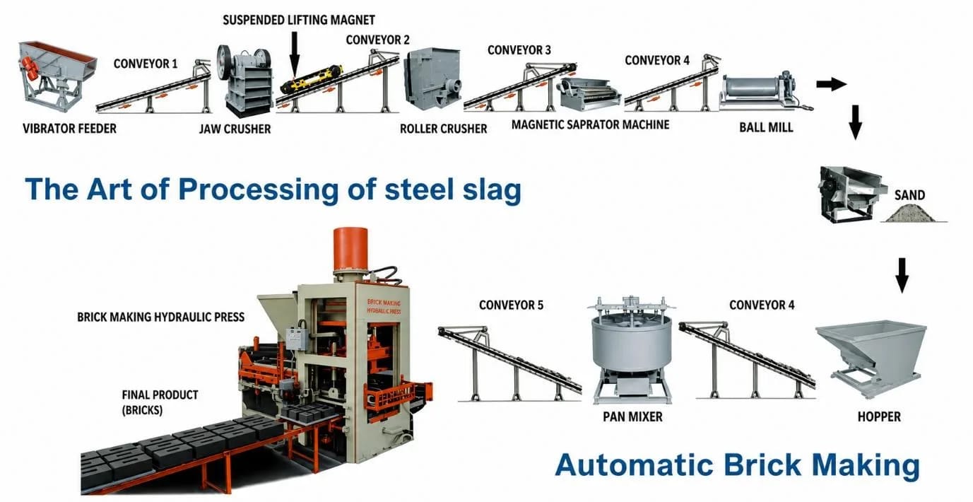 Process diagram showing steel slag routed through magnetic separation, crushing and automatic brick making